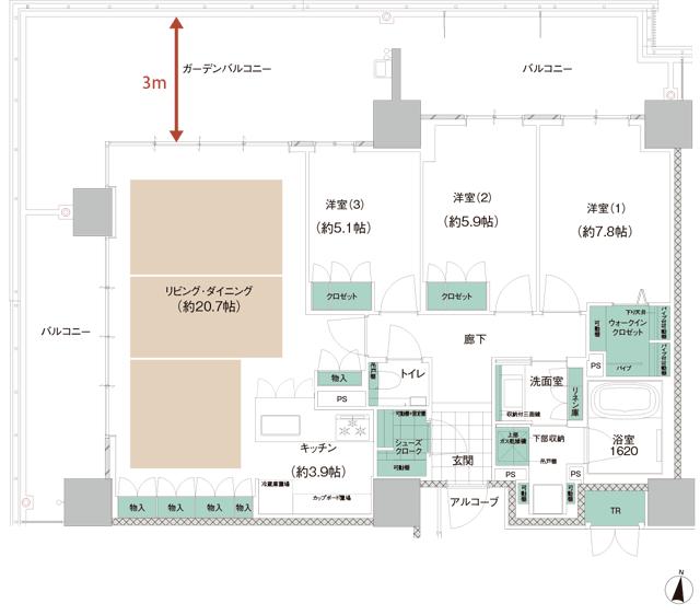 アイランドシティ　ザ・ガーデンの間取り図　R-I K：3LDK+WIC+SC