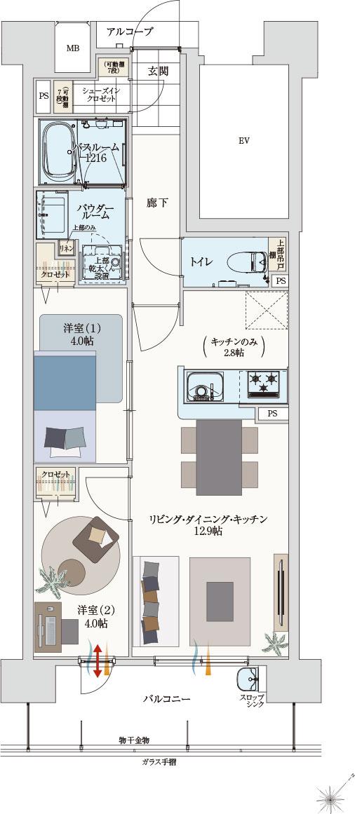 アルファステイツ新宮の間取り図　F：2LDK+シューズインクロゼット