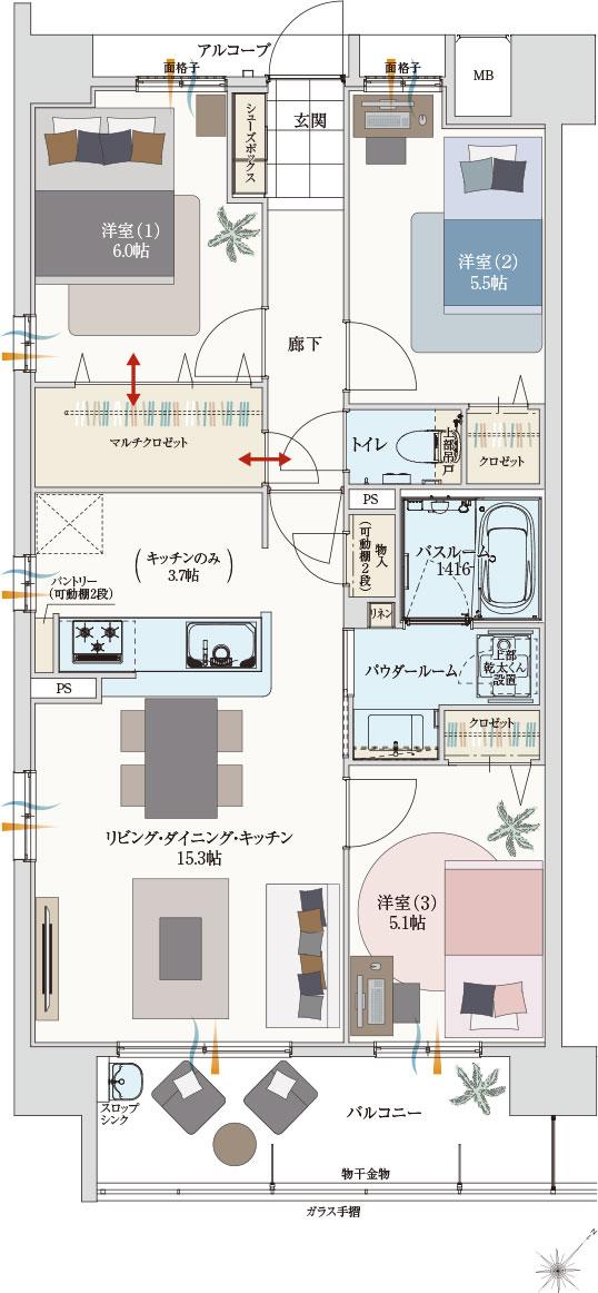 アルファステイツ新宮の間取り図　A：3LDK+マルチクロゼット