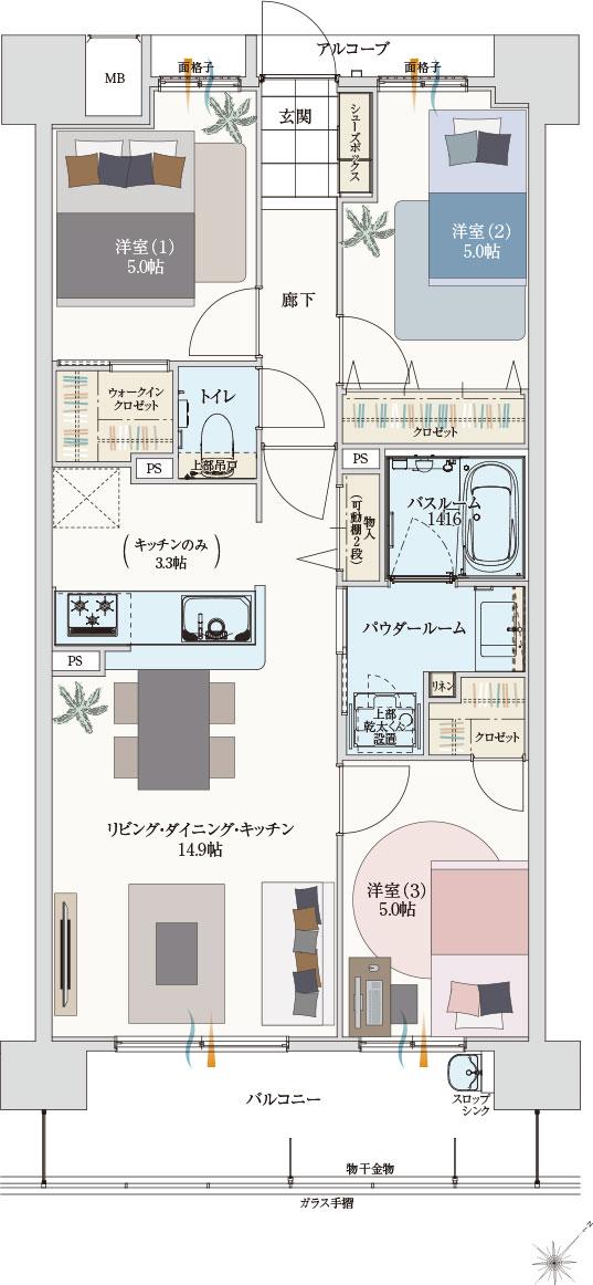 アルファステイツ新宮の間取り図　E：3LDK+ウォークインクロゼット