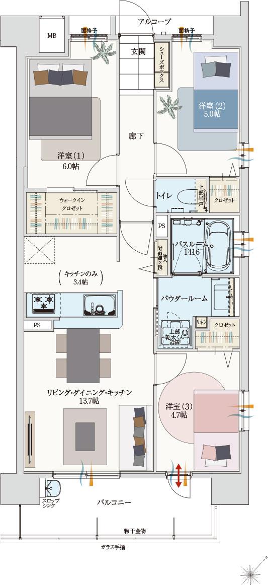 アルファステイツ新宮の間取り図　G：3LDK+ウォークインクロゼット