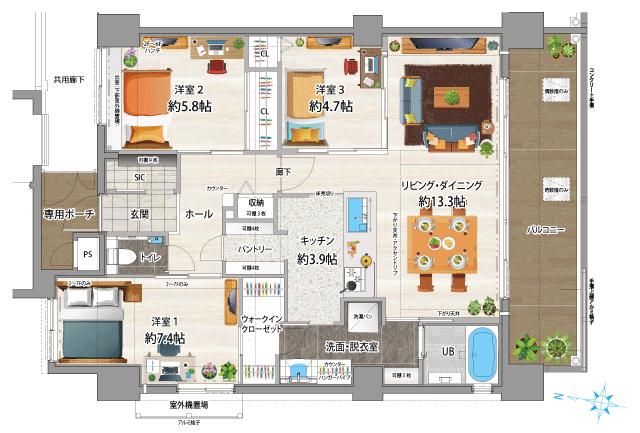 華御殿邸宅新南風（ハナウドゥンテイタクシンフェーカジ）の間取り図　A(2～6F)：3LDK+WIC+SIC+PT