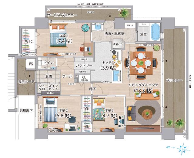 華御殿邸宅新南風（ハナウドゥンテイタクシンフェーカジ）の間取り図　A1(4・6F)：3LDK+WIC+SIC+PT