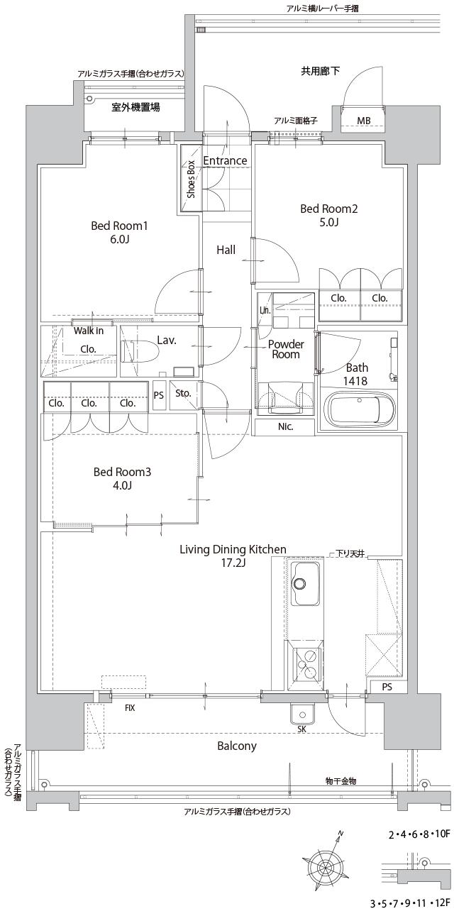 サンパーク博多那珂グラッセの間取り図　A：3LDK