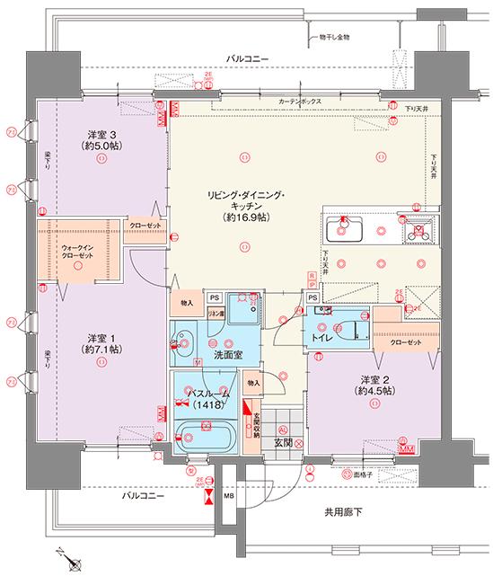 グランドパレス牧港の間取り図　A：3LDK