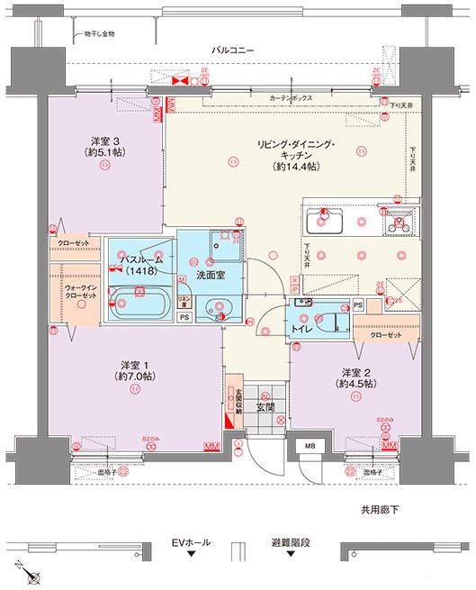 グランドパレス牧港の間取り図　B：3LDK