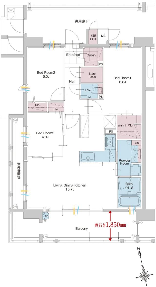 サンパーク新宮EXIAの間取り図　A：3LDK+W.I.C+CABIN+Sto