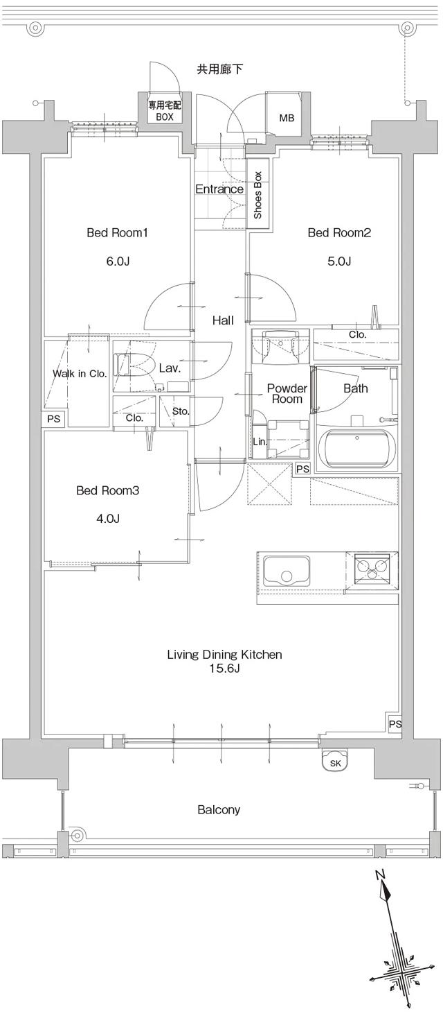 サンパーク新宮EXIAの間取り図　F：3LDK+W.I.C+Sto