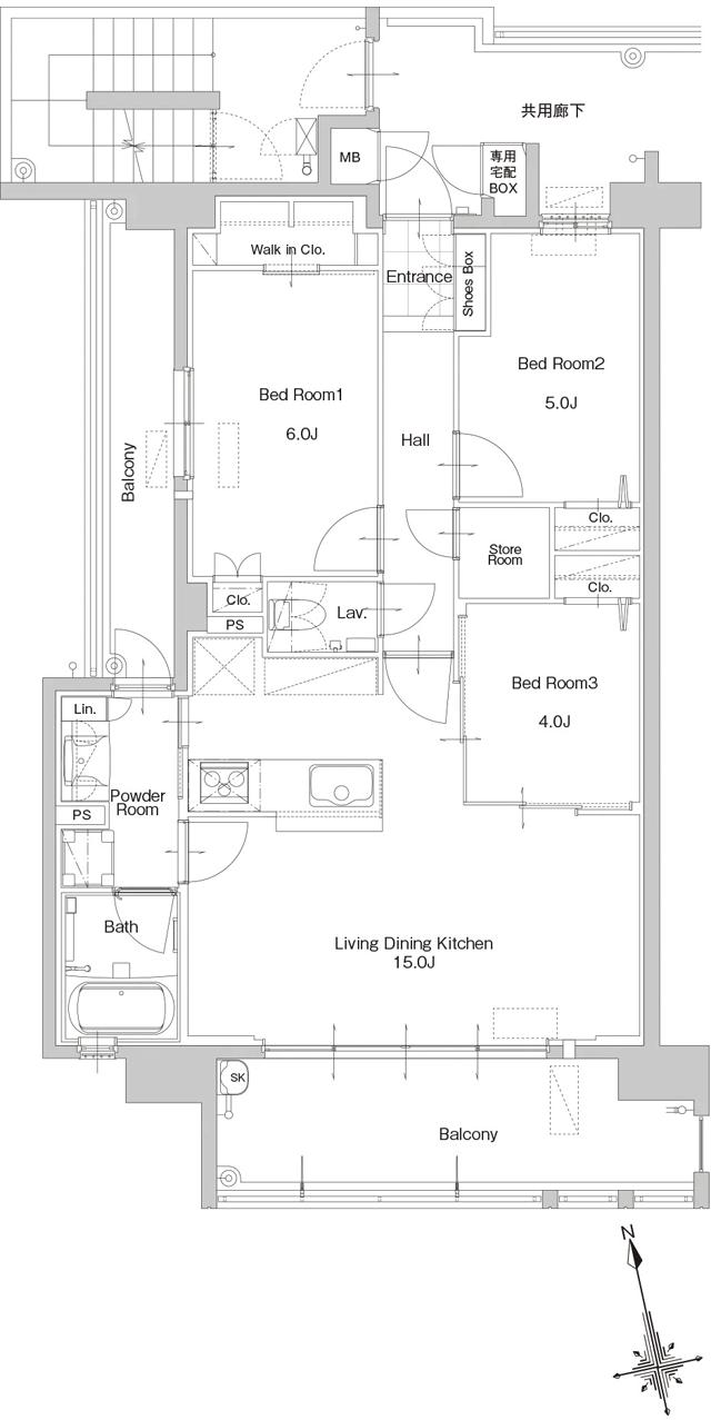 サンパーク新宮EXIAの間取り図　I：3LDK+W.I.C+Sto