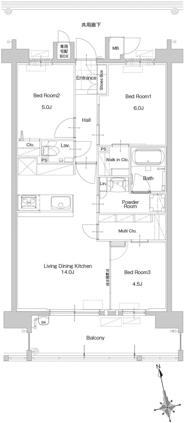 サンパーク新宮EXIAの間取り図　J：3LDK+2W.I.C