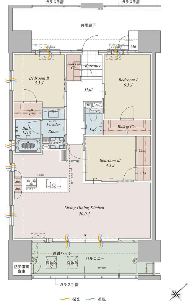グランドパレス上之園タワーの間取り図　A：3LDK+2WIC+SIC
