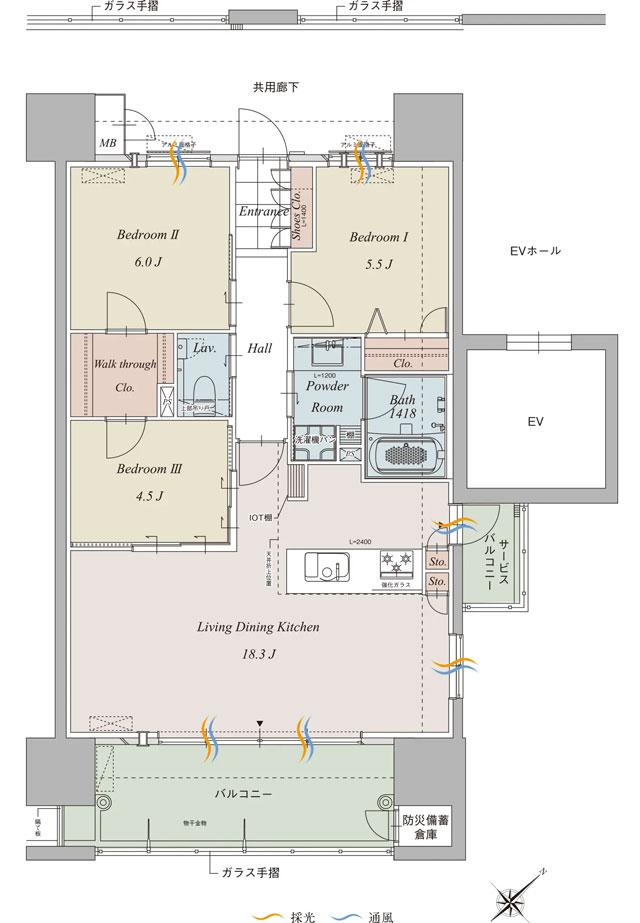 グランドパレス上之園タワーの間取り図　D：3LDK+WTC