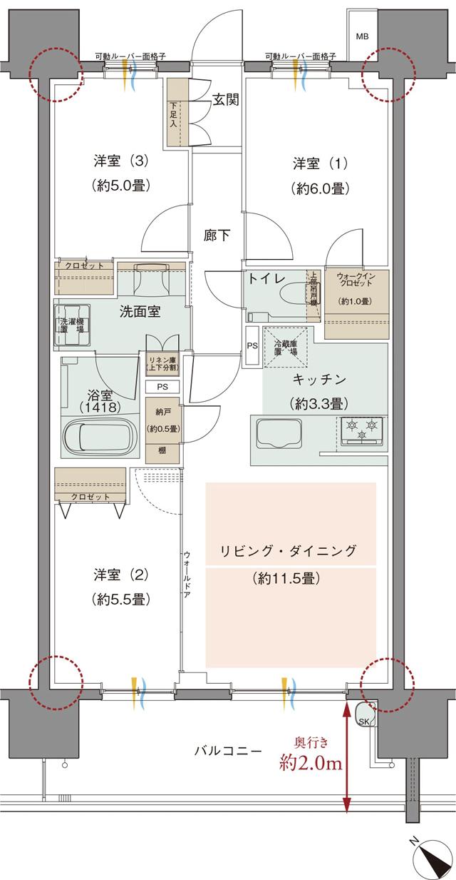 ウエリス白木原の間取り図　I：3LDK+WIC+N