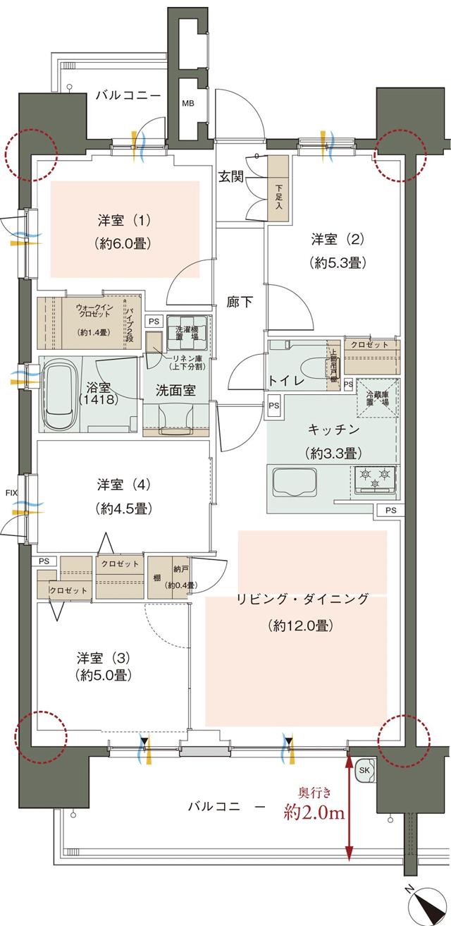 ウエリス白木原の間取り図　A：4LDK+WIC+N