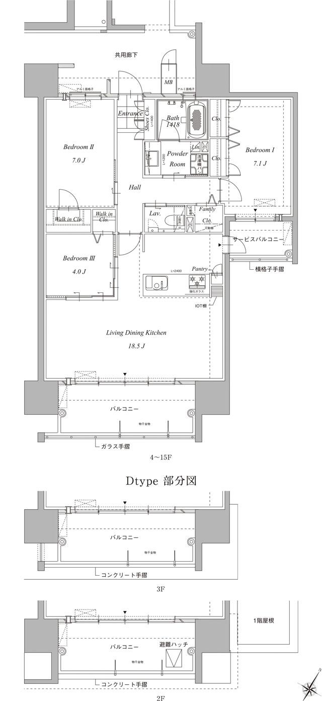 グランドパレス平之町タワーの間取り図　D：3LDK+2WIC