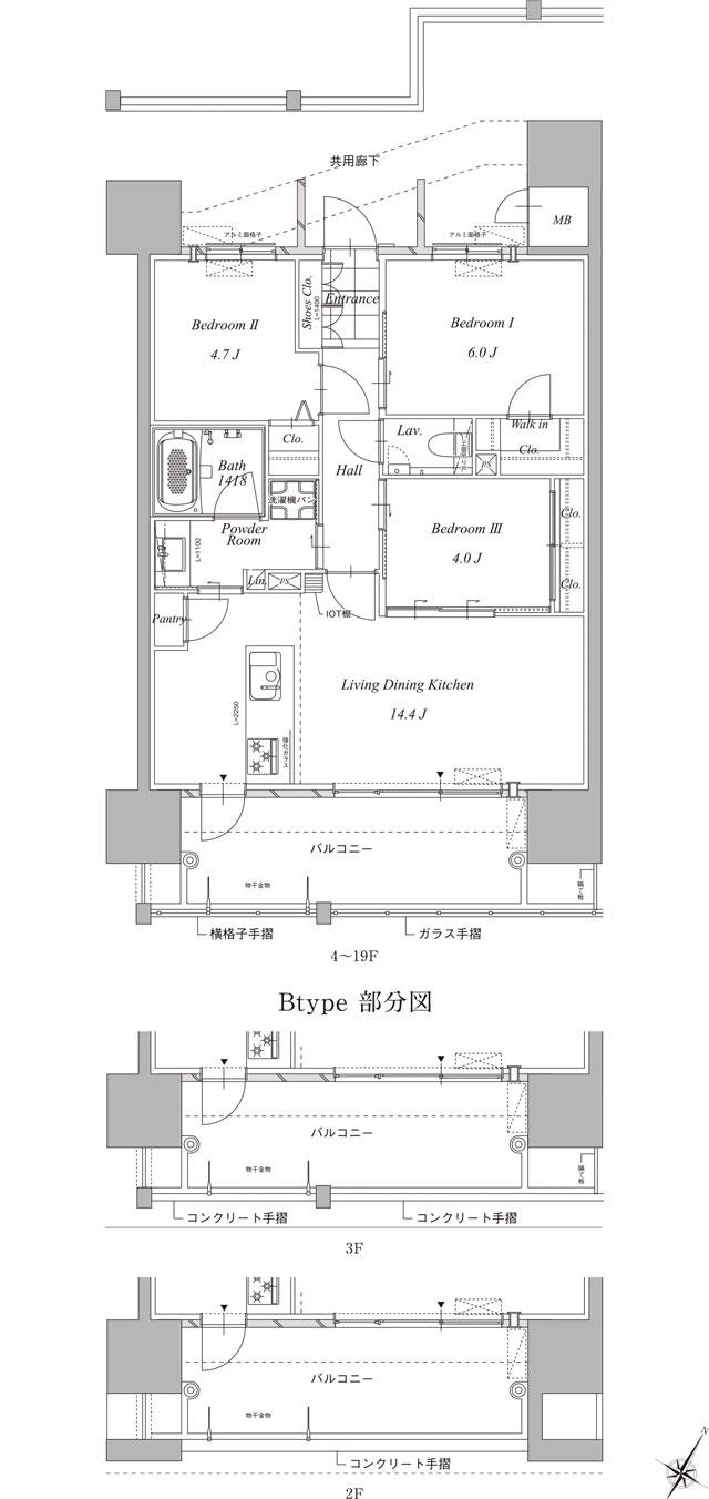 グランドパレス平之町タワーの間取り図　B：3LDK+WIC
