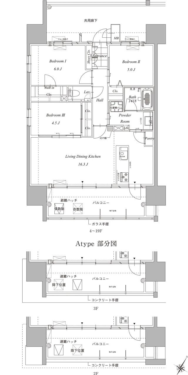 グランドパレス平之町タワーの間取り図　A：3LDK+WIC
