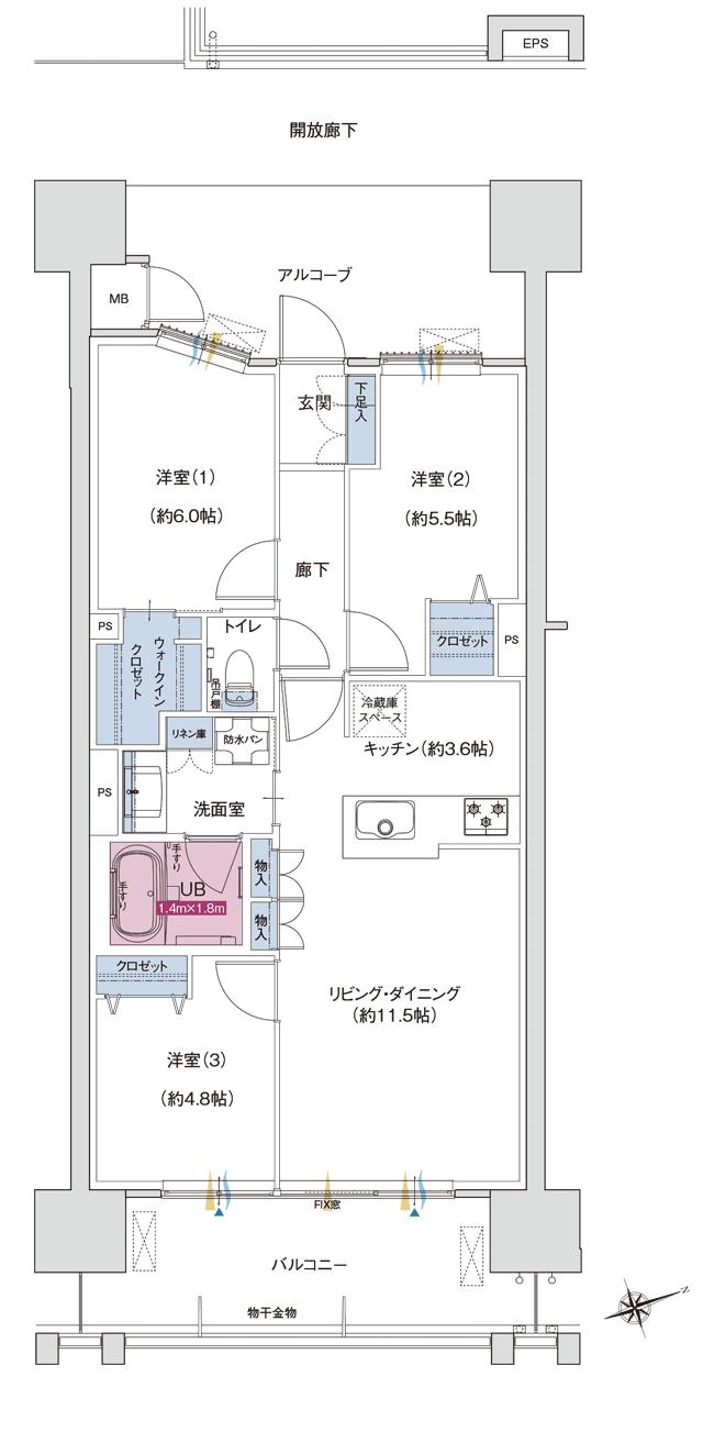 ザ・プレミアム長崎駅前の間取り図　Q1：3LDK+ウォークインクロゼット