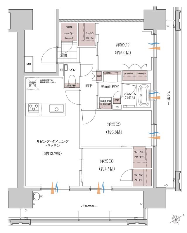 アトラス熊本呉服町の間取り図　E：3LDK+SIC+3WIC