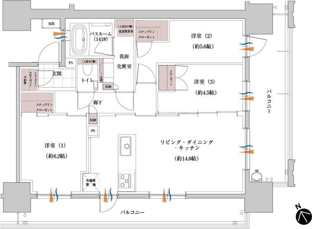 アトラス熊本呉服町の間取り図　B：3LDK+SIC+2SICL