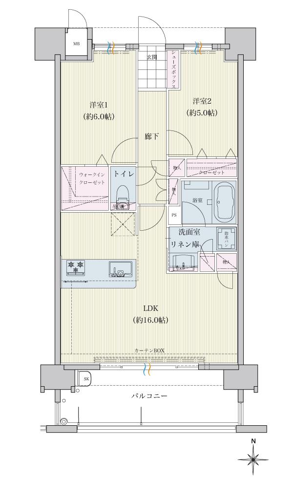 トラストレジデンス三本松IIの間取り図　B：2LDK+W.I.C