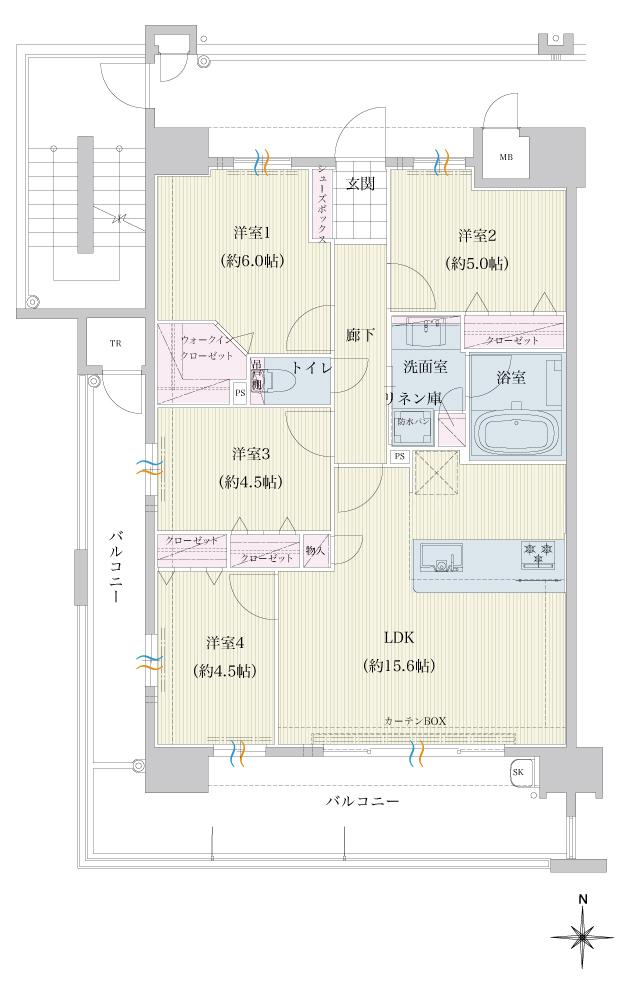 トラストレジデンス三本松IIの間取り図　A：4LDK+W.I.C