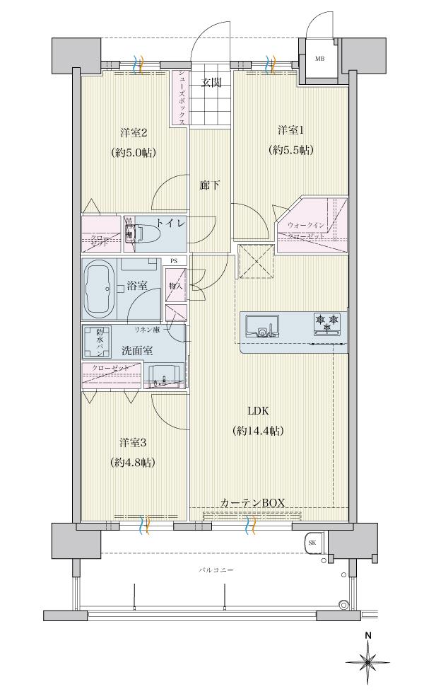 トラストレジデンス三本松IIの間取り図　D：3LDK+W.I.C