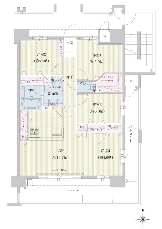 トラストレジデンス三本松IIの間取り図　E：4LDK+W.I.C