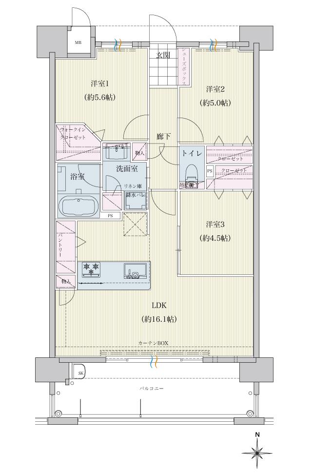 トラストレジデンス三本松IIの間取り図　C：3LDK+W.I.C