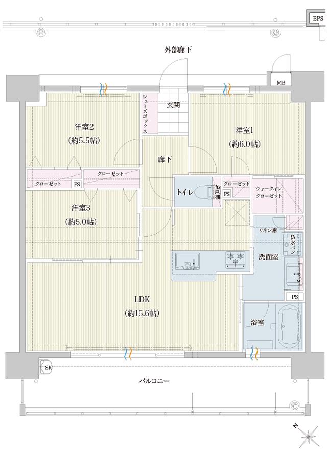 トラスト博多南駅レジデンスの間取り図　C：3LDK+W.I.C