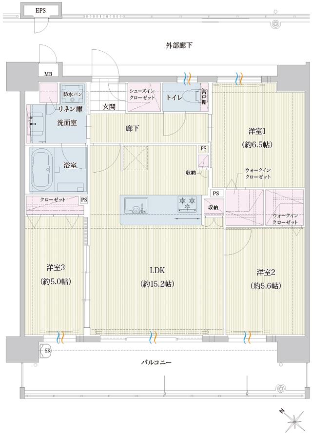 トラスト博多南駅レジデンスの間取り図　D：3LDK+2W.I.C+S.I.C