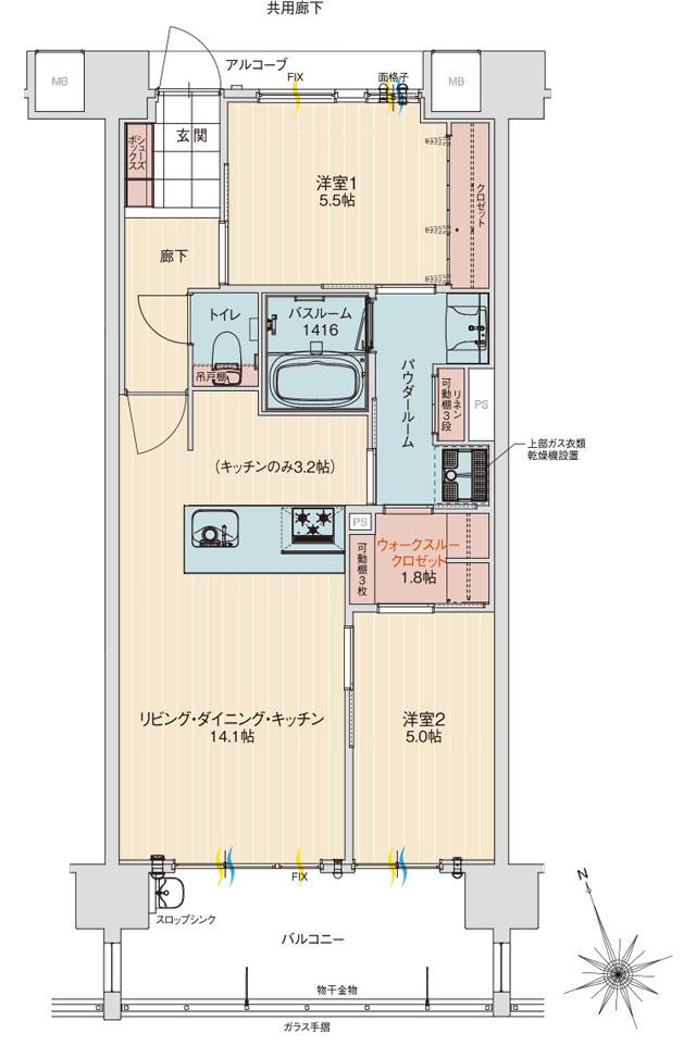 アルファステイツ北谷伊平の間取り図　B：2LDK+ウォークスルークロゼット