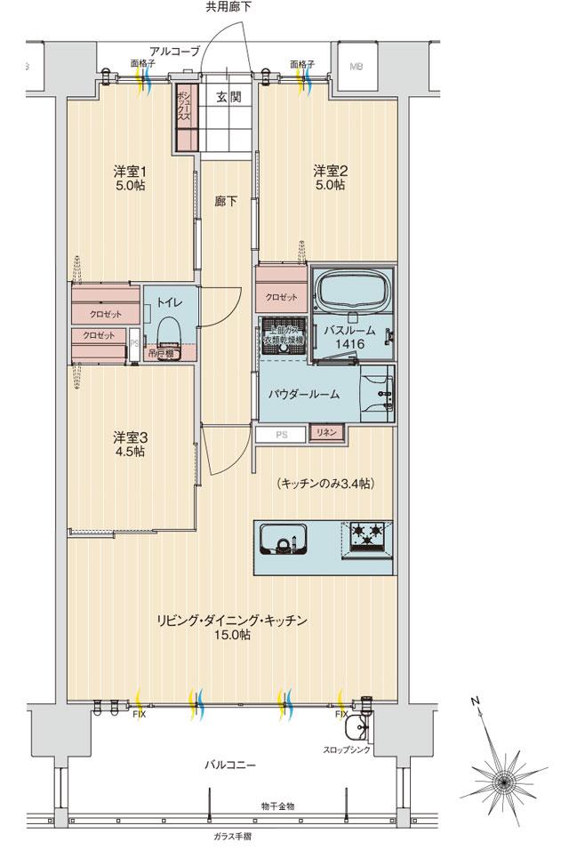 アルファステイツ北谷伊平の間取り図　C：3LDK