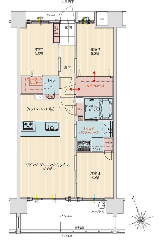 アルファステイツ北谷伊平の間取り図　E：3LDK+ウォークインクロゼット+マルチクロゼット+ミタスモパウダールーム