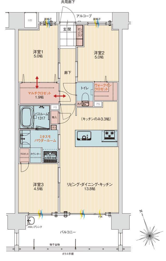 アルファステイツ北谷伊平の間取り図　F：3LDK+ウォークインクロゼット+マルチクロゼット+ミタスモパウダールーム