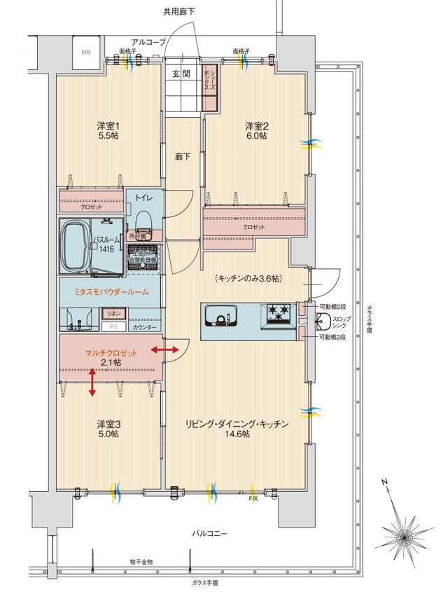 アルファステイツ北谷伊平の間取り図　I：3LDK+マルチクロゼット+ミタスモパウダールーム