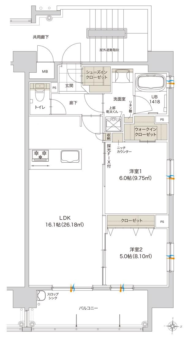グリーンヒル金池ミッドタウンプレミアムの間取り図　E：2LDK