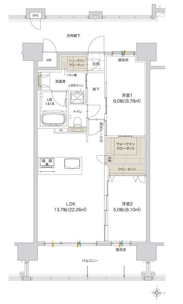 グリーンヒル金池ミッドタウンプレミアムの間取り図　D：2LDK