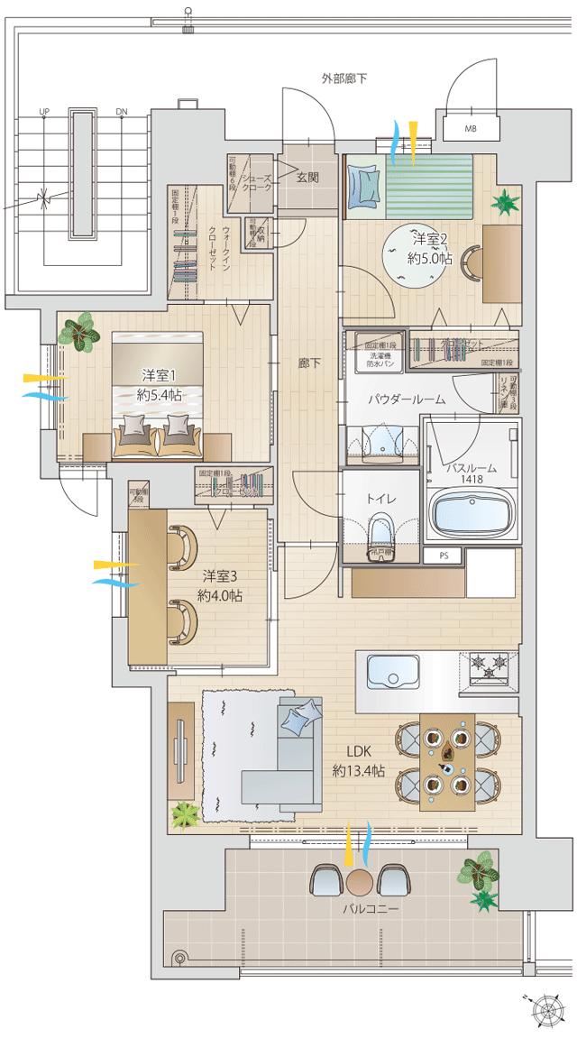 グランフォーレ天文館プライムの間取り図　A：3LDK+WIC+SC