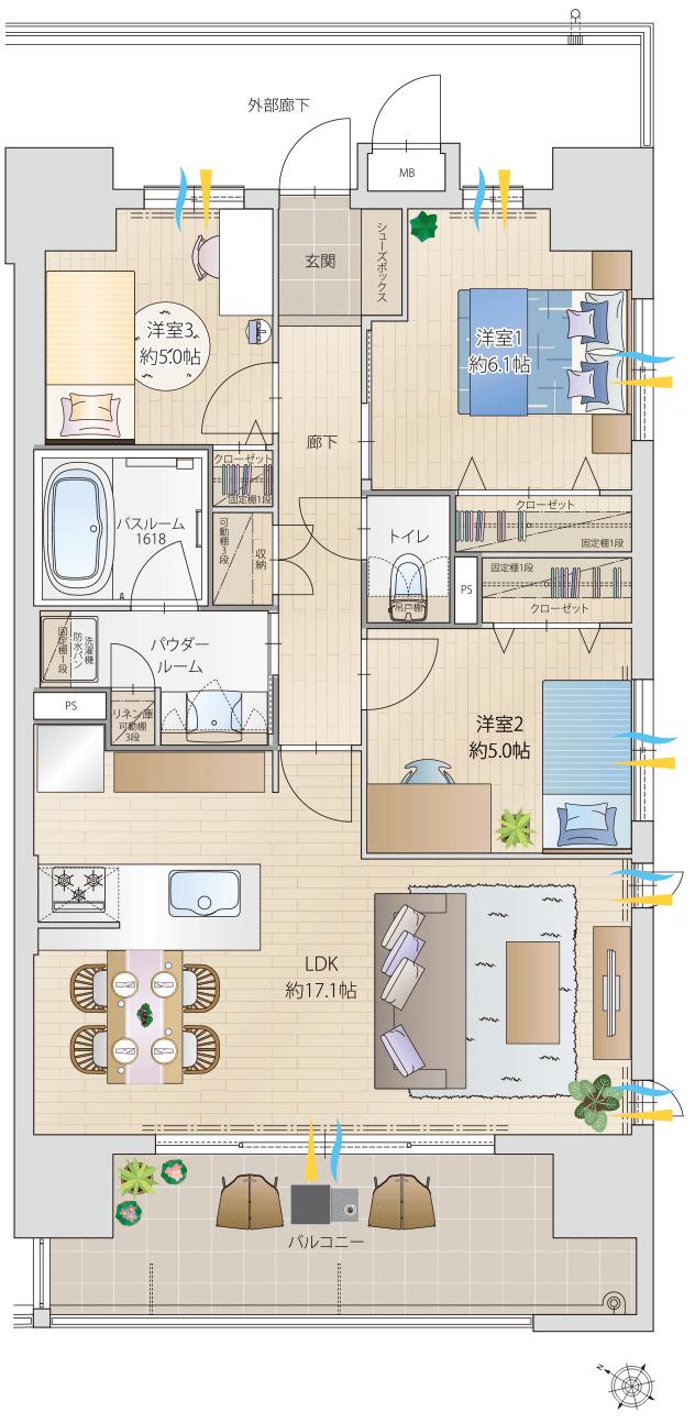 グランフォーレ天文館プライムの間取り図　E：3LDK