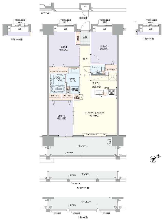 レーヴグランディてだこ浦西駅前の間取り図　B：3LDK