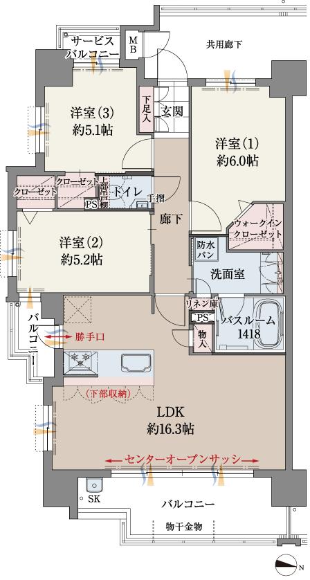 ファーネスト城山レジデンスの間取り図　A：3LDK+WIC