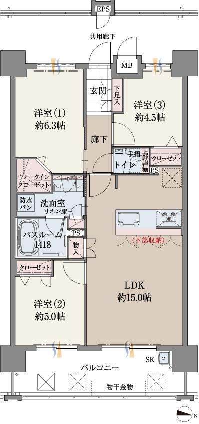 ファーネスト城山レジデンスの間取り図　B：3LDK+WIC