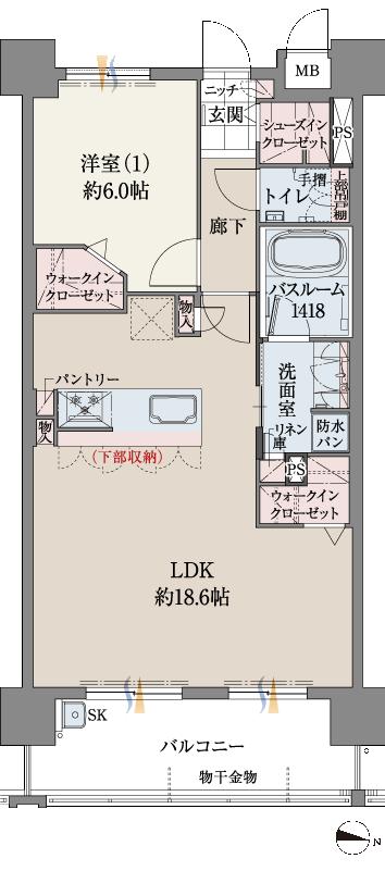 ファーネスト城山レジデンスの間取り図　C(メニュー1)：1LDK+2WIC+SIC