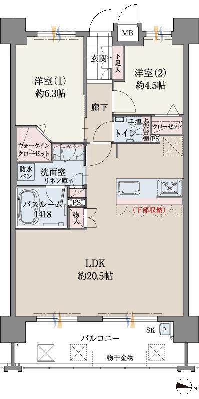 ファーネスト城山レジデンスの間取り図　B(メニュー1)：2LDK+WIC