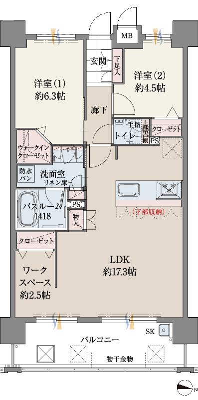 ファーネスト城山レジデンスの間取り図　B(メニュー2)：2LDK+WIC+ワークスペース