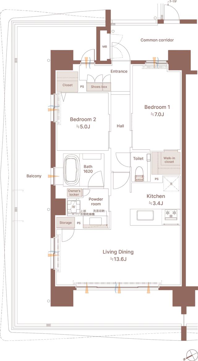 モンドミオ沖縄リゾート 北谷アラハビーチの間取り図　A：2LDK+WIC