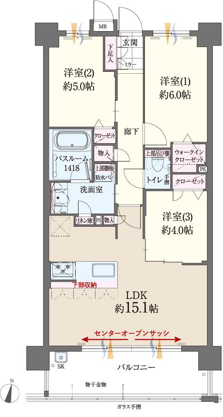 ファーネスト博多南駅グレイスの間取り図　F：3LDK+WIC