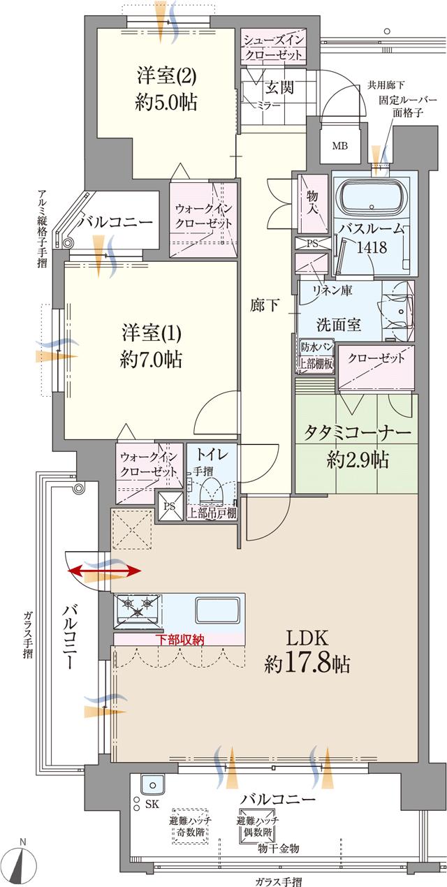 ファーネスト博多南駅グレイスの間取り図　A(MENU2)：2LDK+2WIC+SIC+タタミコーナー