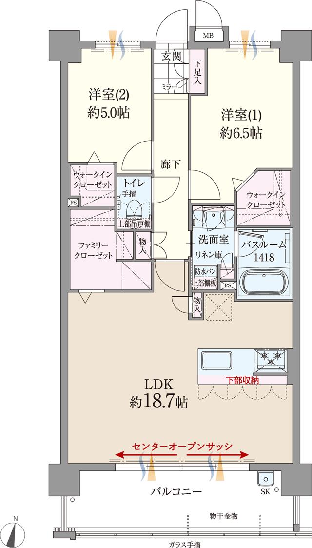 ファーネスト博多南駅グレイスの間取り図　C(MENU2)：2LDK+2WIC+ファミリークローゼット